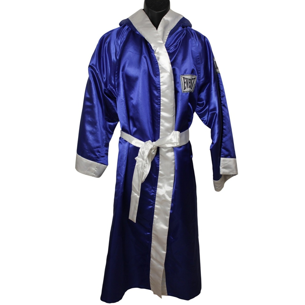 Everlast Boxing Robe Hooded Blue White Satin Ring Walk Fight Robe Adult M
